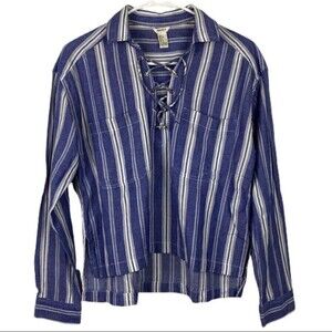 Forever 21 Blouse Small Blue Long Sleeve Striped Lace Up Top